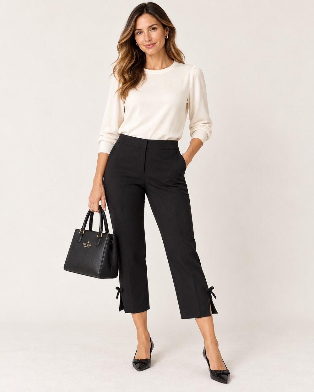 Parisian Chic Preppy Luxe Kate Spade Grant Bow Hem Black Tailored Capri Pants 8